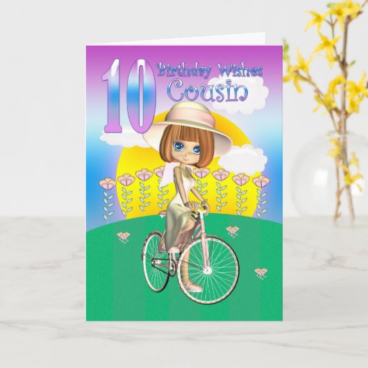 Cousin 10e Anniversaire Carte avec petite fille à  (Fleur jaune)