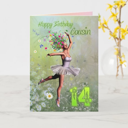 Cousin age 14, carte d'anniversaire fée fée (Fleur jaune)