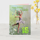 Cousin age age 15, carte d'anniversaire fée fée (Fleur jaune)