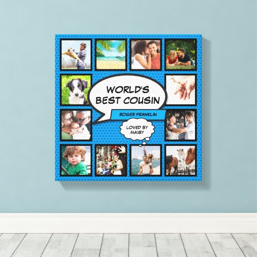 Cousin Fotocollage Blauw Stripboek Pret Canvas Afdruk (Insitu (Houten vloer))