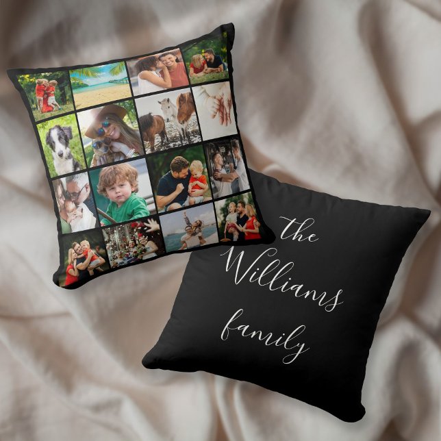 Coussin 16 Collage Photo Nom de Famille (16 Photo Collage Family Script Name Throw Pillow)