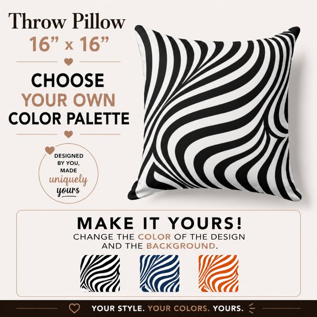 Coussin 16 pouces Op Art Psychedelic Vagues Dos et Blanc (Créateur téléchargé)