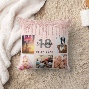 Coussin 18e anniversaire photo rose or parties scintillant