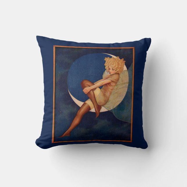 Coussin 1920 hosiery et belle femme sur la lune (Recto)