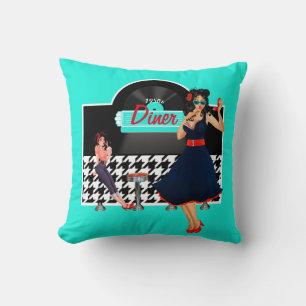 Coussin 1950 Diner turquoise noir et blanc à damiers