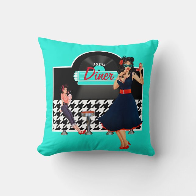 Coussin 1950 Diner turquoise noir et blanc à damiers (Recto)