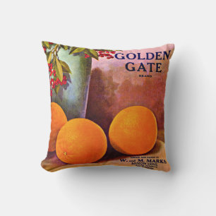 Coussin 1950 Golden Gate Gratte orange imprimé étiquette