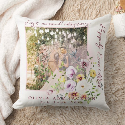 Coussin 1 Photo Newlyweds 1st Married Christmas Pink Text (Couverture)