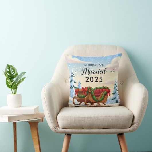 Coussin 1er Noël de Mariage 2025 | Nouveau Traîneau enneig (Chaise)