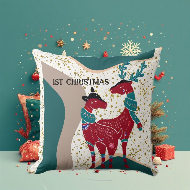Coussin 1er Noël Deer Couple Nordic Snow Hail Boho (1st Christmas Deer Couple Nordic Snow Hail Boho Throw Pillow)