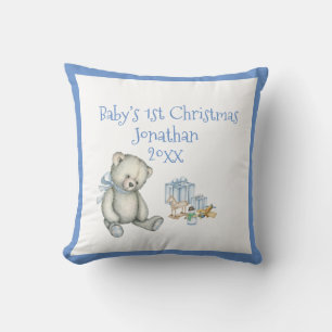 Coussin 1er Noël du bébé Personnalisez Blue Cute