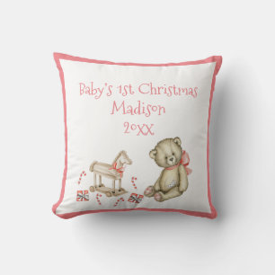 Coussin 1er Noël du bébé Personnalisez Pink Cute Baby