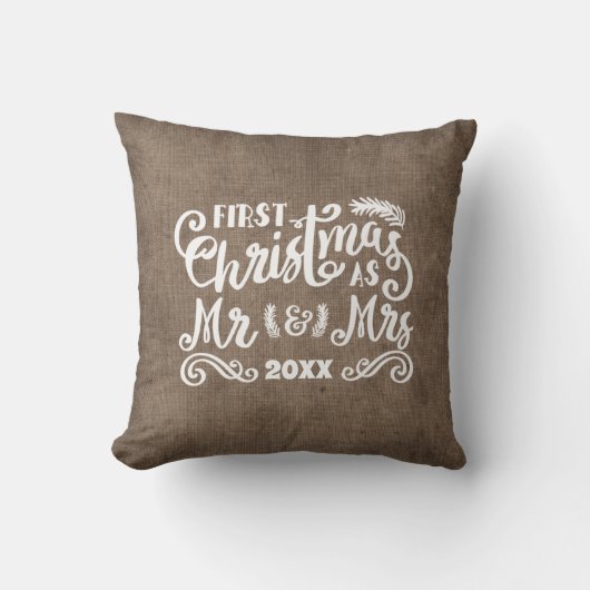 Coussin 1er Noël M. Mme Rustic Country Burlap (Recto)