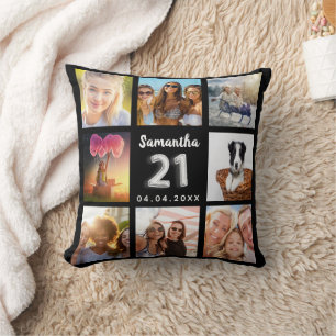 Coussin 21e anniversaire noir argent photo collage