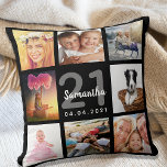 Coussin 21e anniversaire sur mesure photo collage fille no<br><div class="desc">Un cadeau unique pour une jeune femme 21ème anniversaire, célébrant sa vie avec un collage de 8 de vos propres photos, photos. Personnalisez et ajoutez son nom, son âge de 21 ans et une date. Un arrière - plan noir chic. Lettres et chiffres gris et blancs. Le nom est écrit...</div>