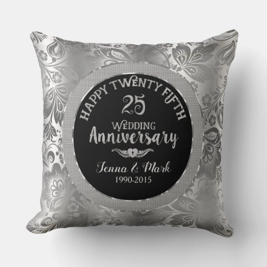 Coussin 25e anniversaire du Mariage Damas noir et argent (Recto)