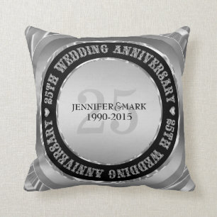 Coussin 25E Anniversaire Mariage Métallique Argent Et Noir