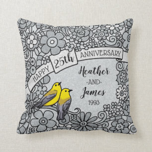 Coussin 25ème anniversaire personnalisé, oiseaux floraux