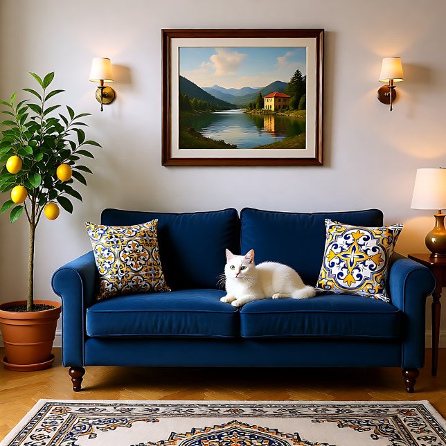 Coussin 💙 💛 2 côtés bleu et jaune Azulejos 9 Thon Pil (2 sides blue and yellow Azulejos 9  Throw Pillow)
