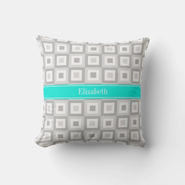 Coussin 2 Gris Blanc Concentrique Carré Aqua Nom Monogramm (Recto)