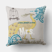 Coussin 2e anniversaire Turquoise corail jaune Damas Birdc (Verso)