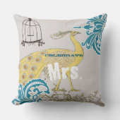 Coussin 2e anniversaire Turquoise corail jaune Damas Birdc (Recto)