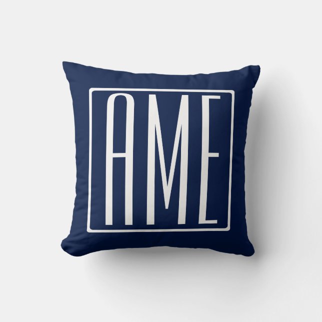 Coussin 3 Initiales Monogramme | Blanc sur bleu foncé mari (Recto)