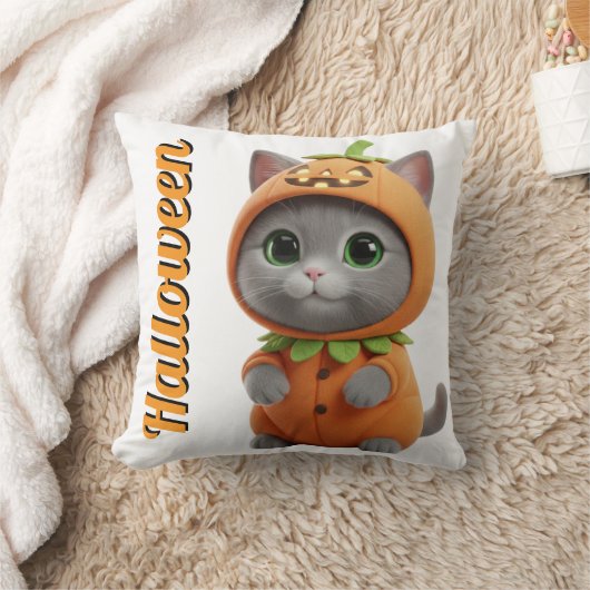 Coussin 3D Kawaii Pumpkin Cat Halloween Throw Pillow (Couverture)