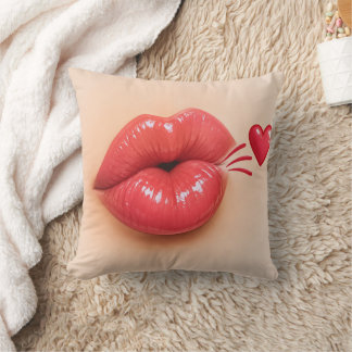 Coussin 3D Red Lips & Heart Kiss Throw Pillow | Romantic V