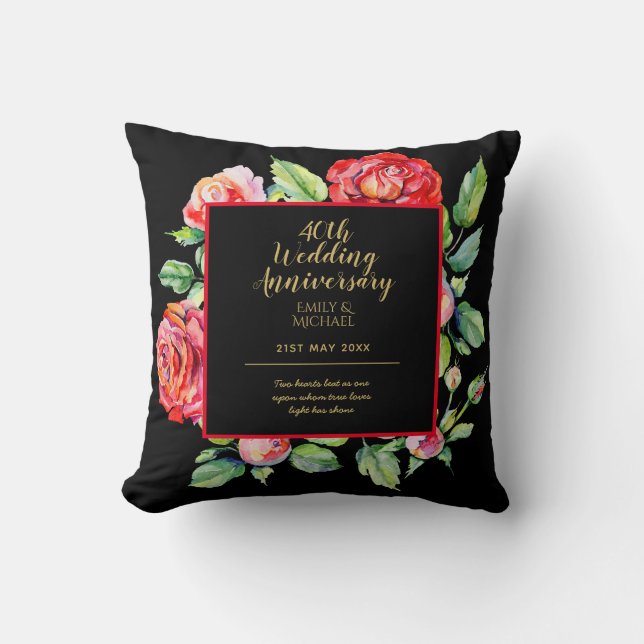 Coussin 40e anniversaire Mariage cadeau - Ruby Red Roses (Recto)