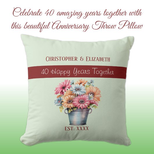 Coussin 40e fleurs de rubis anniversaire vert