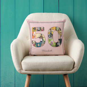 Coussin 50e anniversaire de fête Photo Collage Dusty Blush
