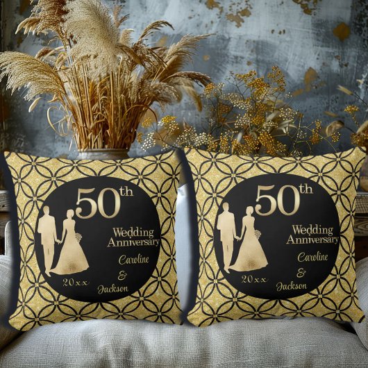 Coussin 50e Anniversaire de Mariage Couple Or Glitter