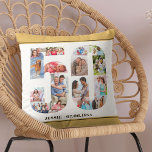 Coussin 50e anniversaire Numéro 50 photo Collage Neutre<br><div class="desc">Cadeau personnalisé 50e anniversaire. Ce coussin décoratif personnalisé a un collage photo soigné en forme de numéro 50 avec des bordures de sable beige/jaune muet neutre et une typographie moderne en bronze. Le modèle est configuré pour que vous puissiez ajouter vos photos, travailler dans le sens des aiguilles d'une montre,...</div>