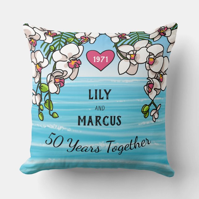 Coussin 50e anniversaire Orchidées de plage tropicale (Créateur téléchargé)