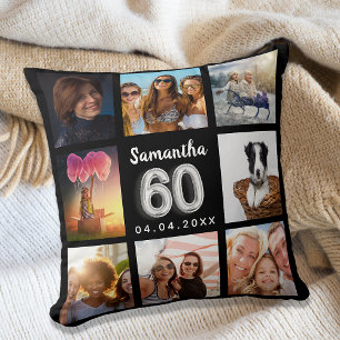 Coussin 60e anniversaire noir argent collage photo personn