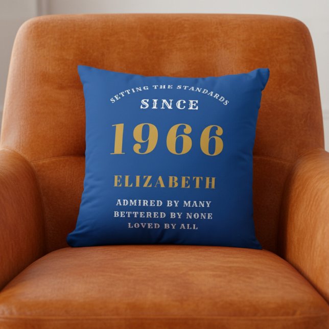 Coussin 60th Birthday 1966 Add Name Blue Gold Personalized (Blue 1966 throw pillow on orange chair.)