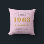 Coussin 60th Birthday Born 1963 Ajouter Nom Rose Grey<br><div class="desc">Personnalisé Anniversaire ajoutez votre nom et l'année lancer oreiller. Modifiez le nom et l'année avec le modèle fourni. Un merveilleux coussin de décoration d'anniversaire rose sur mesure. Plus de cadeaux et de fournitures de fête disponibles avec le design "normes de fixation" dans le magasin.</div>