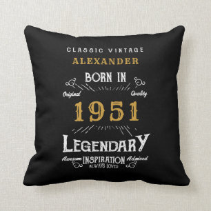 Coussin 70e anniversaire Né 1951 Noir rétro Personnalisé