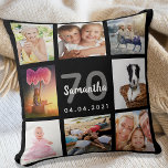 Coussin 70e anniversaire sur mesure photo collage femme no<br><div class="desc">Un cadeau unique pour une femme de 70e anniversaire, célébrant sa vie avec un collage de 8 de vos propres photos, photos. Personnalisez et ajoutez son nom, 70 ans et une date. Un arrière - plan noir chic. Lettres et chiffres gris et blancs. Le nom est écrit avec un script...</div>