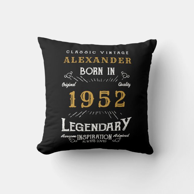 Coussin 70th Birthday 1952 Black Gold Ajouter Nom Retro (Recto)