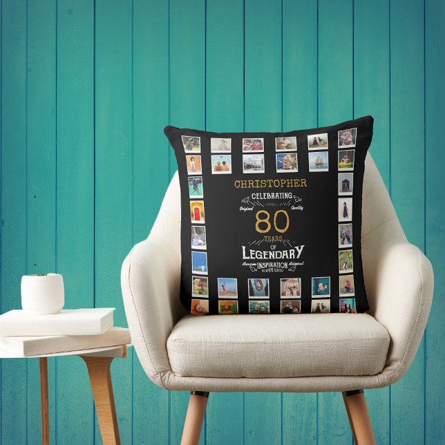 Coussin 80e anniversaire Black Gold Legendary Photo (Personalized 80th birthday gift throw pillow with 32 photos of your choice)