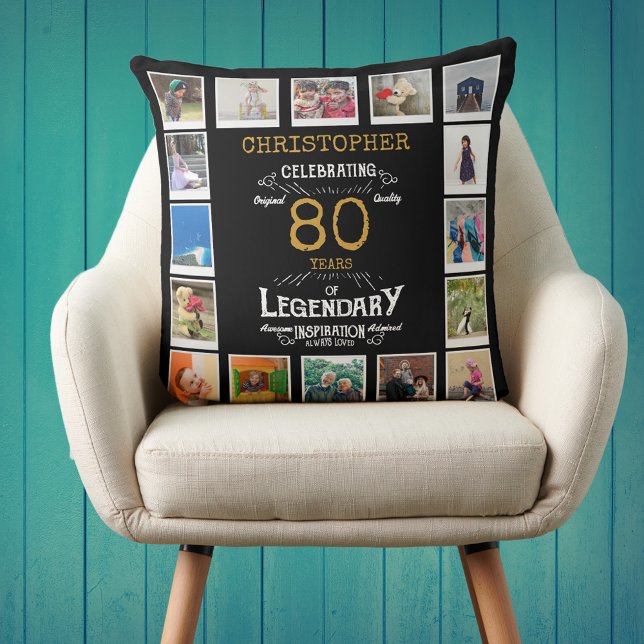 Coussin 80e anniversaire Black Gold Photo Collage (Personalized 80th birthday gift throw pillow with 16 photos of your choice.)