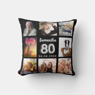 Coussin 80e anniversaire noir argent collage photo personn