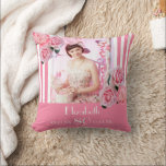 Coussin 80e anniversaire rose blanc rayures photo florale<br><div class="desc">Un cadeau pour un 80e anniversaire de femme. Classic rose mince et blanc rayures verticales comme arrière - plan. Avec fleurs girly et féminine, roses roses roses et pivoines comme décoration. Un cadre sur le devant avec des modèles pour l'âge de 80 ans, nom et dates. Modèle pour votre propre...</div>