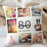 Coussin 80e anniversaire sur mesure photo collage femme bl<br><div class="desc">Un cadeau unique pour une femme de 80e anniversaire, célébrant sa vie avec un collage de 8 de vos propres photos, photos. Personnalisez et ajoutez son nom, l'âge de 80 ans et une date. Un arrière - plan blanc chic. Lettres et chiffres gris et noirs. Le nom est écrit avec...</div>
