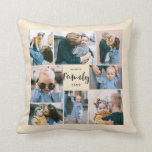 Coussin 8 Collage Photo Famille Moderne Design | Crème<br><div class="desc">Cet oreiller de style simple et moderne dispose de 8 modèles photo,  ainsi que de 2 modèles de texte (nom et année). La typographie élégante à la main épelle le mot "Famille".</div>