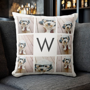 Coussin 8 Collage Photo Monogramme Personnalisé Noir et Bl