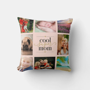 Coussin 8 photos collage rose poudré et or Cool Super Mama