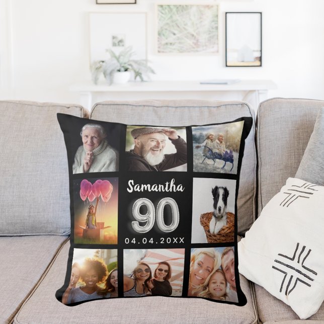 Coussin 90e anniversaire noir argent photo collage (Créateur téléchargé)